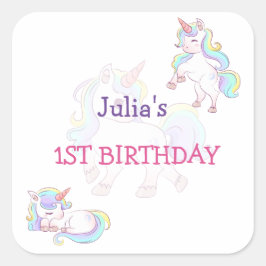 Adesivo Quadrado Aniversário do Rainbow colorido Unicorn
