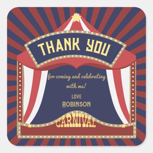 Adesivo Quadrado Aniversário do Retro Carnaval Azul e Vermelho (Frente)