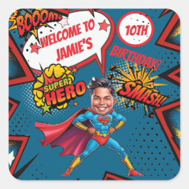 Adesivo Quadrado Aniversário do Super Herói Caricatura com Pacotes 