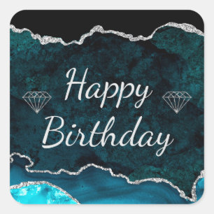 Adesivo Quadrado Aniversário Feliz Ágata Brilho Azul e Prata