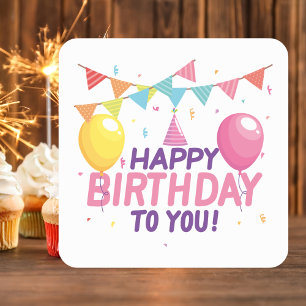 Adesivo Quadrado Aniversário Feliz Moderno Clássico Fofo Colorido F