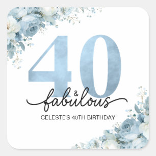 Adesivo Quadrado Aniversário Floral Azul Personalizado 40 e Fabulos