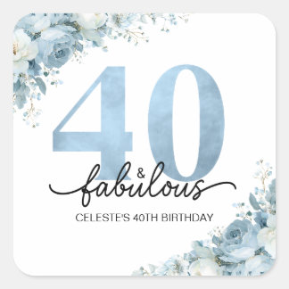 Adesivo Quadrado Aniversário Floral Azul Personalizado 40 e Fabulos