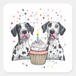 Adesivo Quadrado Aniversário, Grande Cupcake de Cães Dane