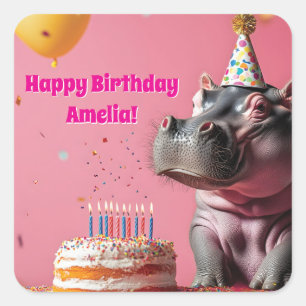 Adesivo Quadrado Aniversário Hippo com Bolo e Balões