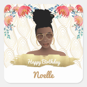 Adesivo Quadrado Aniversário, Mulher Negra, Flores Whimsical Dourad