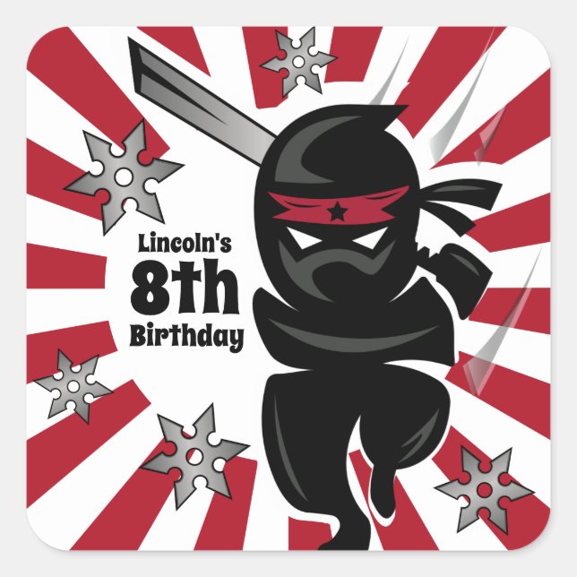 Adesivo Quadrado Aniversário personalizado do guerreiro Ninja Samur (Frente)