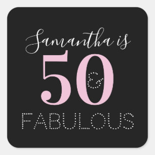 Adesivo Quadrado Aniversário Preto Rosa Personalizado 50 e Fabuloso