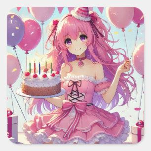 Adesivo Quadrado Aniversário rosa de anime