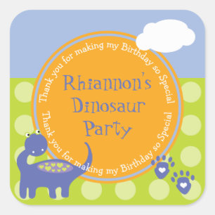 Adesivo Quadrado Aniversário roxo do dinossauro com obrigado dos
