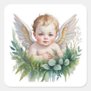 Adesivo Quadrado Anjo Bebê Aquarela com Batismo de Verduras