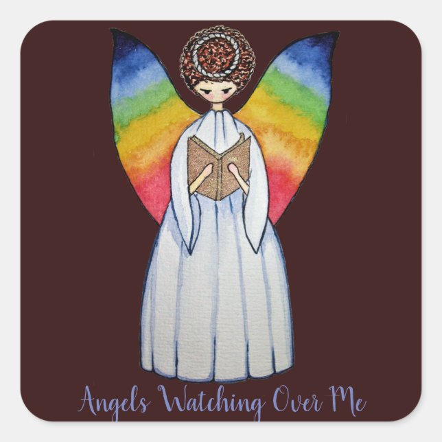 Adesivo Quadrado Anjo De Aquarela Com Asas Arco-Íris Lendo Um Livro (Frente)
