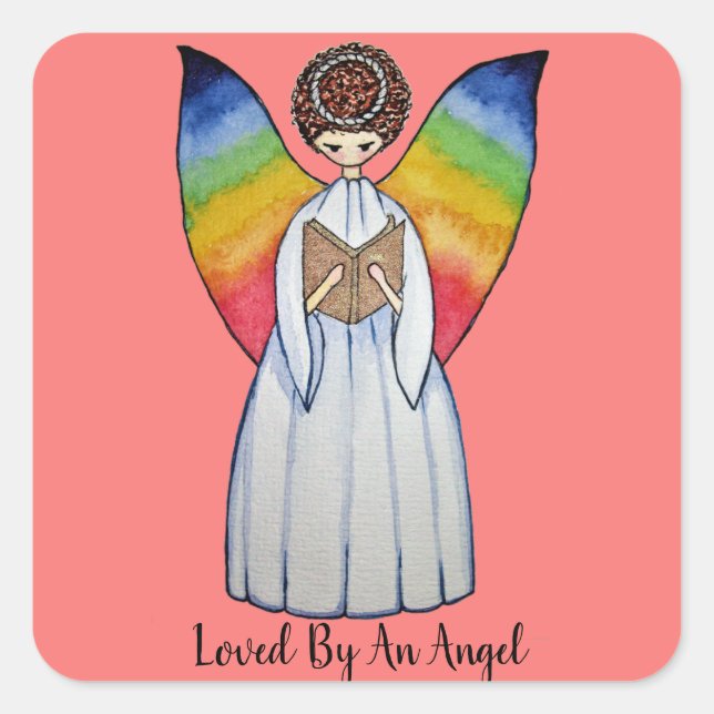 Adesivo Quadrado Anjo De Aquarela Com Asas Arco-Íris Lendo Um Livro (Frente)