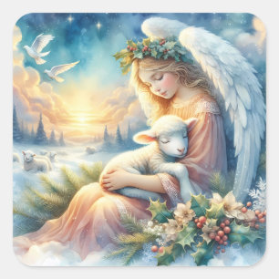 Adesivo Quadrado Anjo de Natal com Cordeiro em Paz Invernal