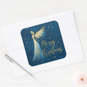Adesivo Quadrado Anjo de Natal Dourado em Azul-Marinho Estrelado