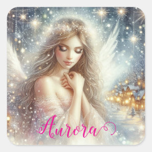 Adesivo Quadrado Anjo de Neve Festivo Feminino em Aquarela Etérea