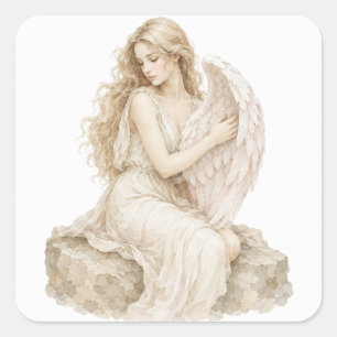 Adesivo Quadrado Anjo Elegante em Aquarela Vintage Sentado em uma R