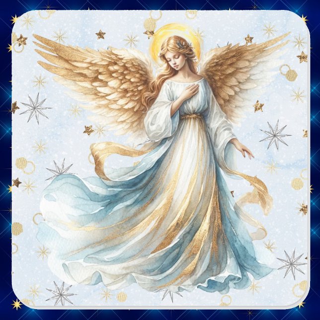 Adesivo Quadrado Anjo Natal Dourado Blue Watercolor (Criador carregado)