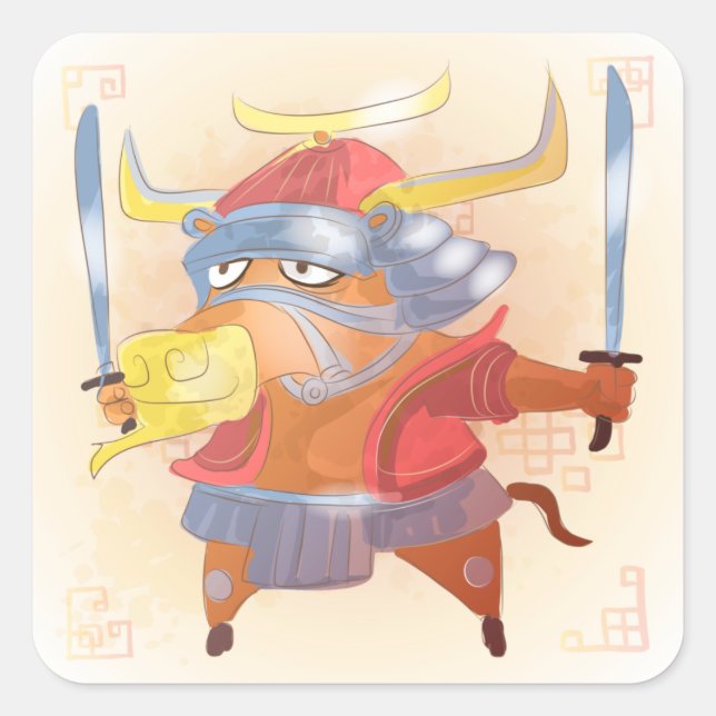 Adesivo Quadrado Ano da Aquarela do Ox, Samurai (Frente)