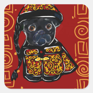 Adesivo Quadrado Ano do Cão Pug Preto