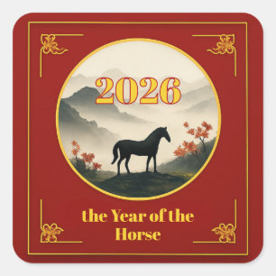 Adesivo Quadrado Ano do Cavalo 2026 Ano Novo Chinês Montanha 
