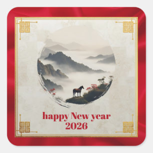 Adesivo Quadrado Ano do Cavalo 2026 Ano Novo Chinês Montanha 