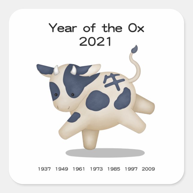 Adesivo Quadrado Ano do Ox Cute Zodiac Animal 2021 (Frente)