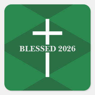 Adesivo Quadrado Ano Novo 2026 Cruz Verde e Branco Cristão