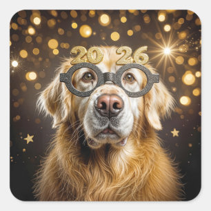 Adesivo Quadrado Ano Novo 2027 Humor do Retriever Dourado