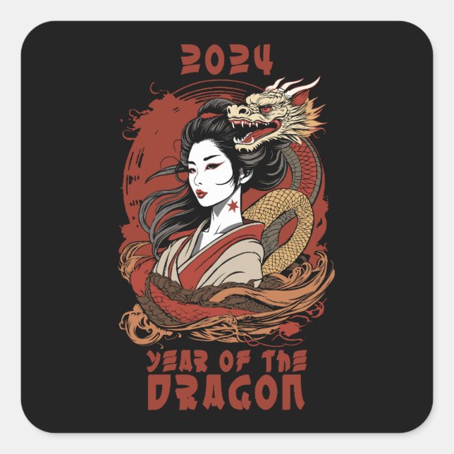Adesivo Quadrado Ano Novo Chinês | 2024 Ano Do Dragão (Frente)