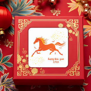 Adesivo Quadrado Ano Novo Chinês 2026 Cavalo Festa de Ano Novo