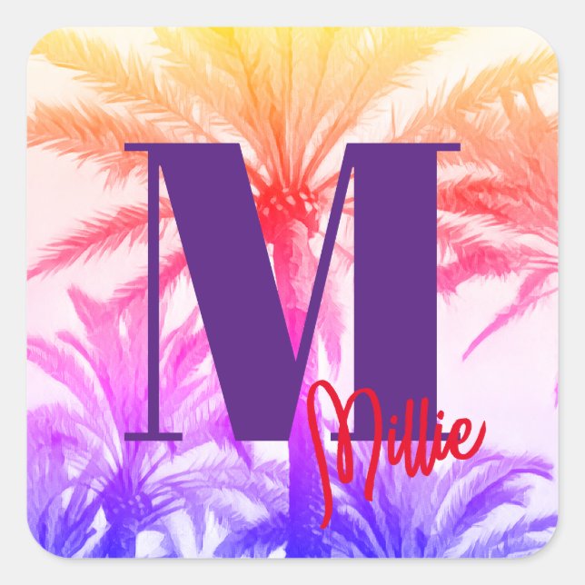 Adesivo Quadrado anos 80 retrógrado da palmeira tropical de férias  (Frente)