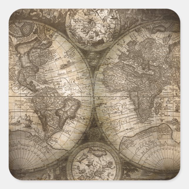 Adesivo Quadrado Antigos Continentes de Mapa do Atlas do Velho Mund (Frente)