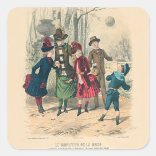 Adesivo Quadrado Antigos Crianças Vitorianas Jogam Bola 1880 Invern