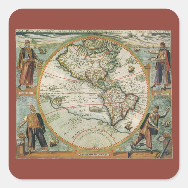 Adesivo Quadrado Antiguidade Mapa Antiquado das Américas, Teodor de (Frente)