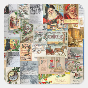 Adesivo Quadrado Antiguidade Vitorina de Natal Ephemera Collage Art