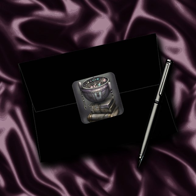 Adesivo Quadrado Antique Steampunk Cauldron | Pilha de Livros Ortog (Criador carregado)