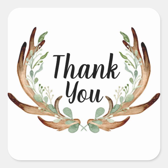 Adesivo Quadrado Antler e Vinha Agradecimento em Aquarela (Frente)