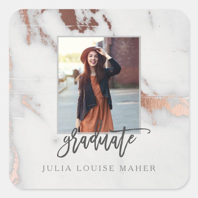 Adesivo Quadrado Anúncio de GRADUAÇÃO DOURADA MARBLE E ROSA (Frente)