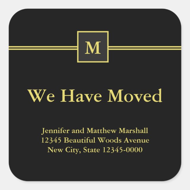 Adesivo Quadrado Anúncio de Movimentação Dourada de Monograma Preto (Frente)