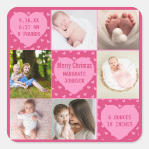 Adesivo Quadrado Anúncio de Nascimento de Menina Bebê Rosa Moderno
