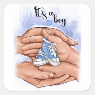 Adesivo Quadrado Anúncio de Novo Bebê – Pais Segurando o Bebê 👣
