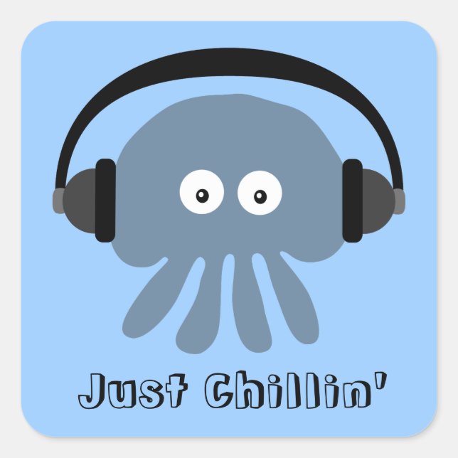 Adesivo Quadrado Apenas Aquecendo Água-Vidro Azul Com Fones de ouvi (Frente)