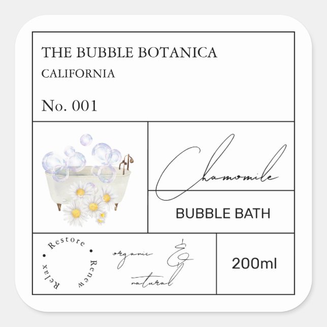 Adesivo Quadrado Apothecary Chamomile Bubble Bath Label (Frente)