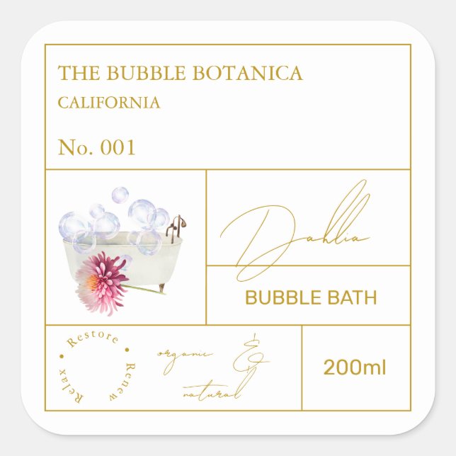 Adesivo Quadrado Apothecary Dahlia Bubble Bath Label (Frente)