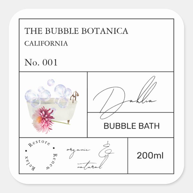 Adesivo Quadrado Apothecary Dahlia Bubble Bath Label (Frente)