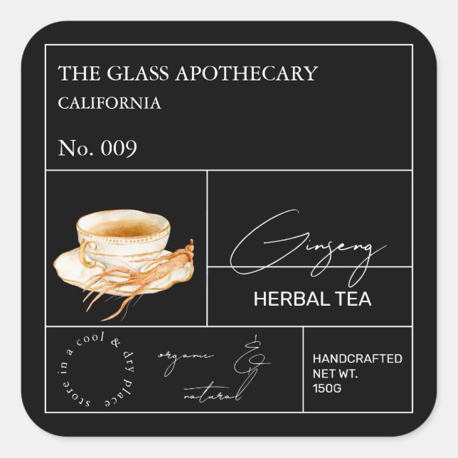 Adesivo Quadrado Apothecary Ginseng Herbal Tea  Label (Frente)