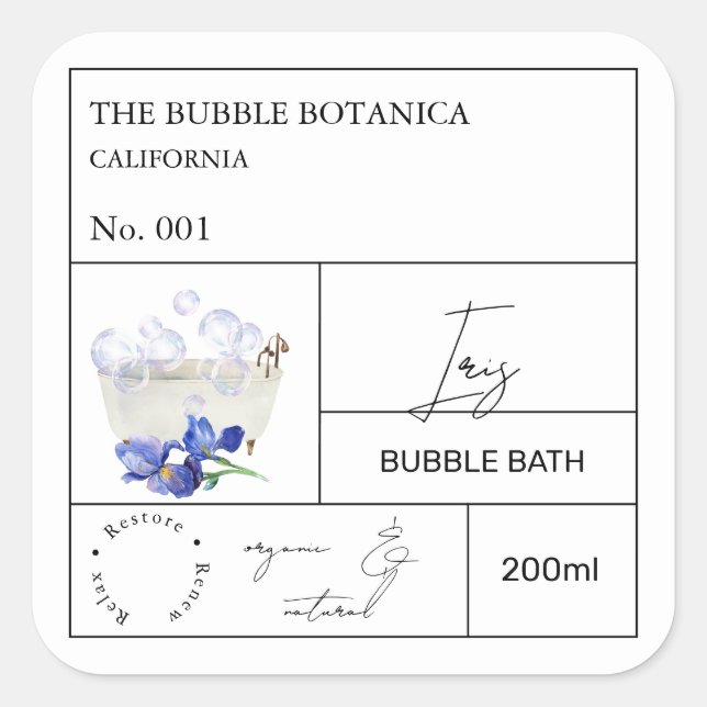 Adesivo Quadrado Apothecary Iris Bubble Bath Label (Frente)