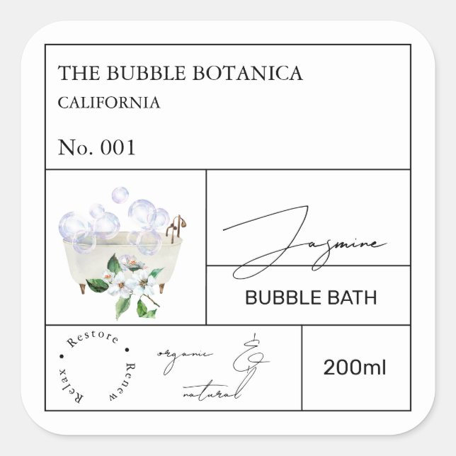 Adesivo Quadrado Apothecary Jasmine Bubble Bath Label (Frente)
