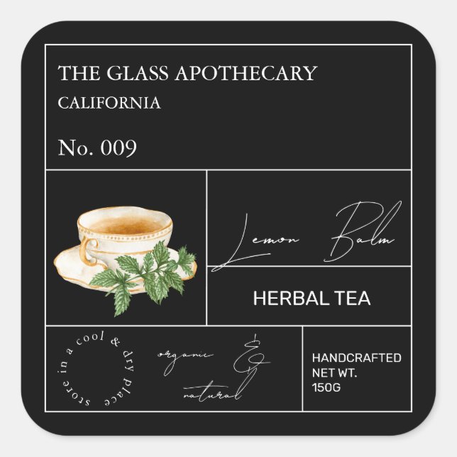 Adesivo Quadrado Apothecary Lemon Balm Herbal Tea  Label (Frente)